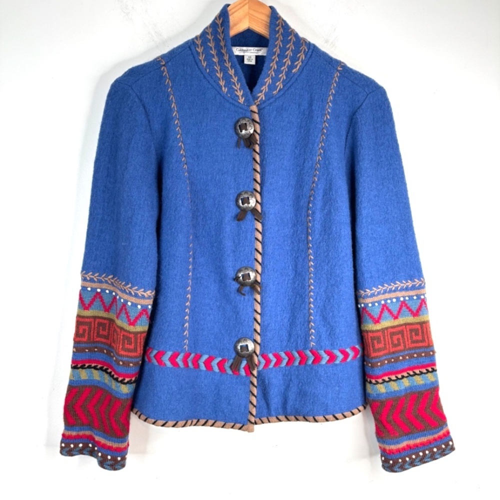 VTG Coldwater Creek Boiled Wool Coat XS Embroidered Concho Art Boho Southwestern